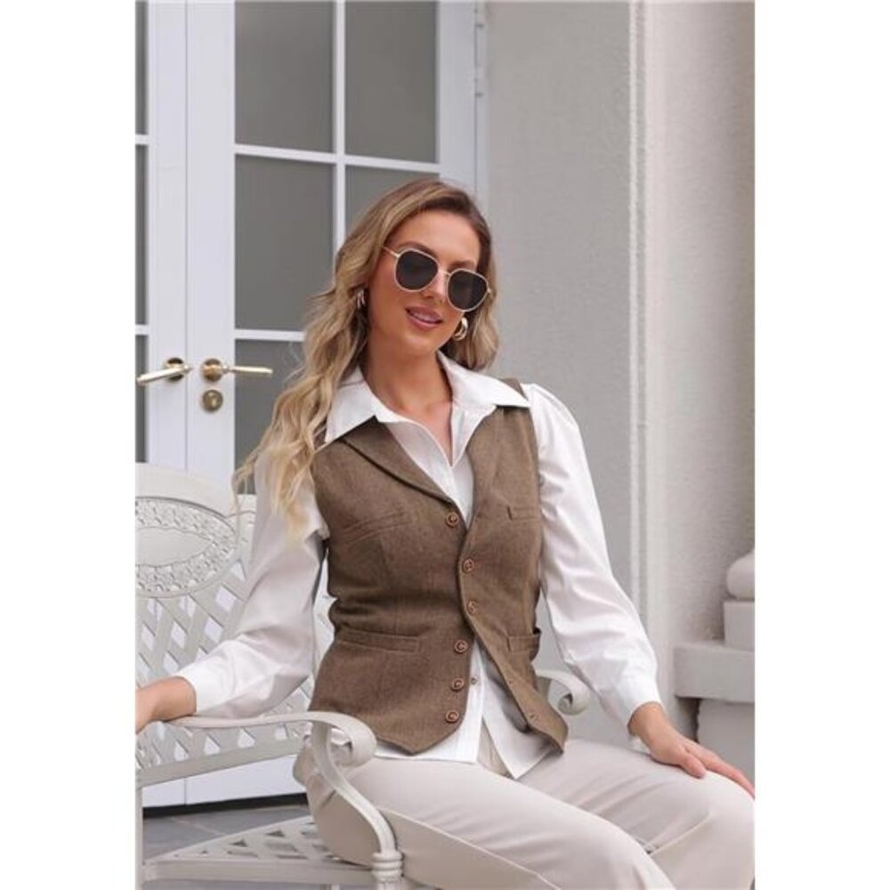 Womens Herringbone Tweed Waistcoat Lapel Sleeveless Blazers V Neck Work Office - Picture 6 of 7